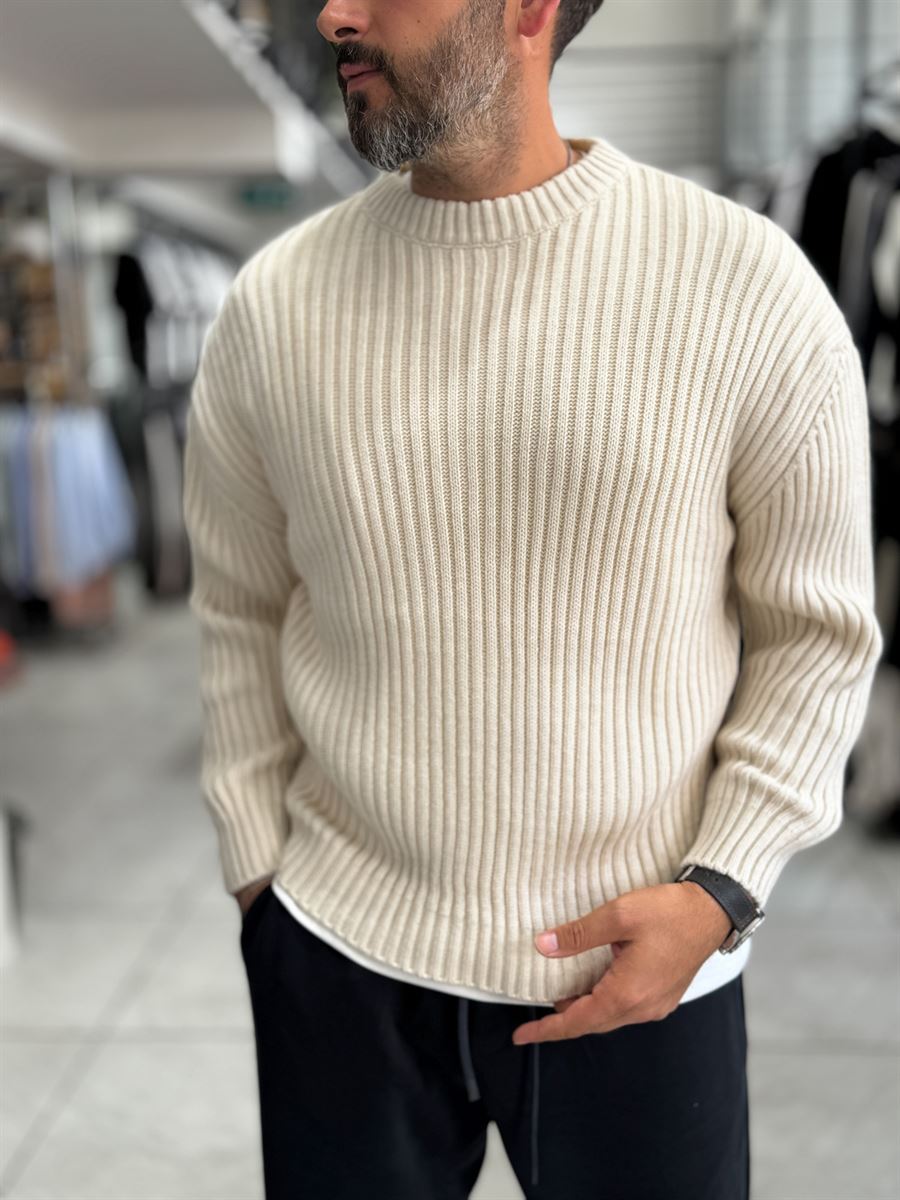 Beige Ribbed Knit Sweatshirt MRK-1900