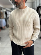 Beige Ribbed Knit Sweatshirt MRK-1900
