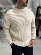 Beige Ribbed Knit Sweatshirt MRK-1900
