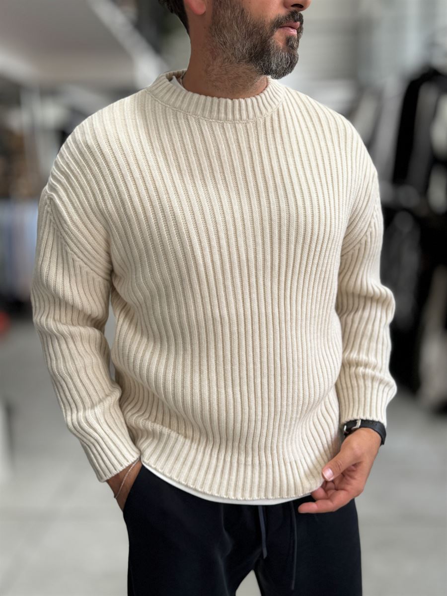 Beige Ribbed Knit Sweatshirt MRK-1900