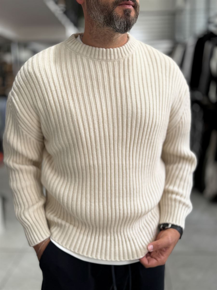 Beige Ribbed Knit Sweatshirt MRK-1900