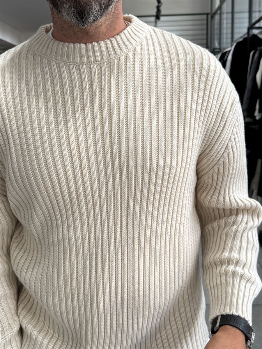Beige Ribbed Knit Sweatshirt MRK-1900