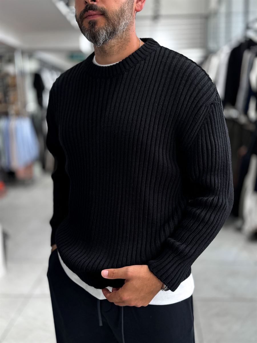 Black Ribbed Knit Sweatshirt MRK-1900
