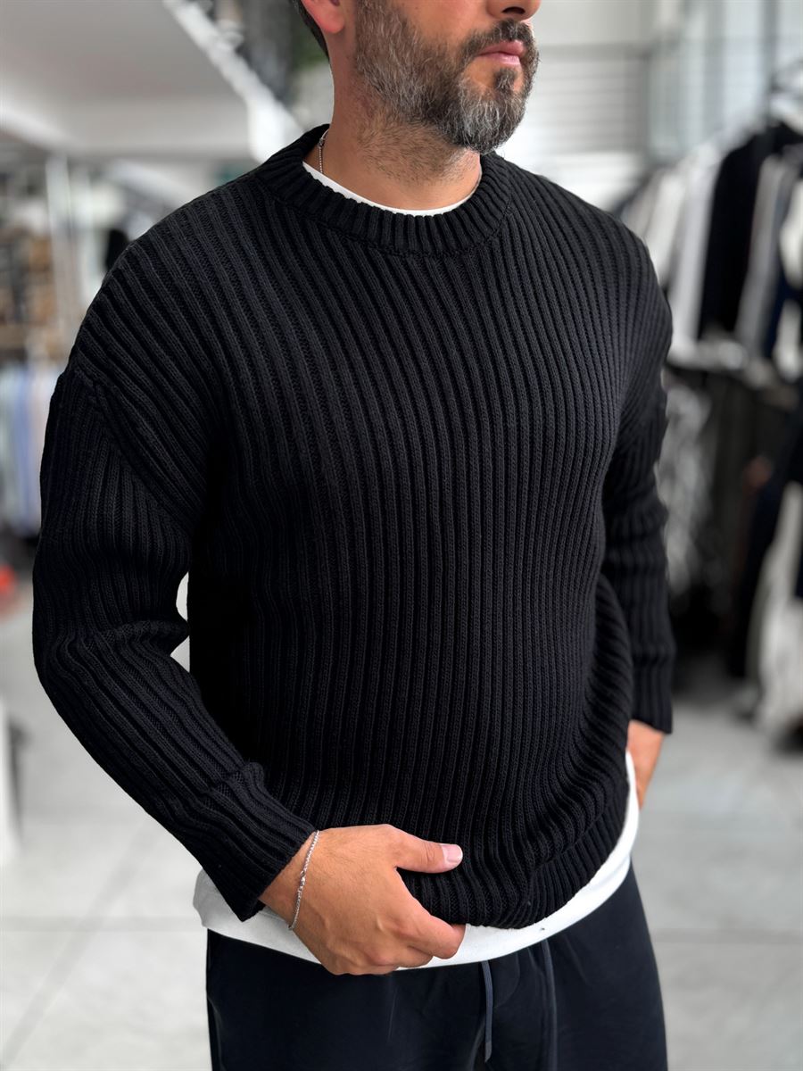Black Ribbed Knit Sweatshirt MRK-1900