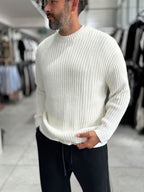 Ecru Ribbed Knit Sweatshirt MRK-1900