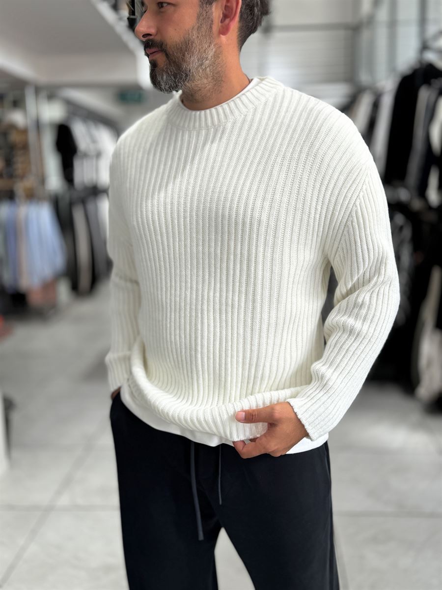 Ecru Ribbed Knit Sweatshirt MRK-1900