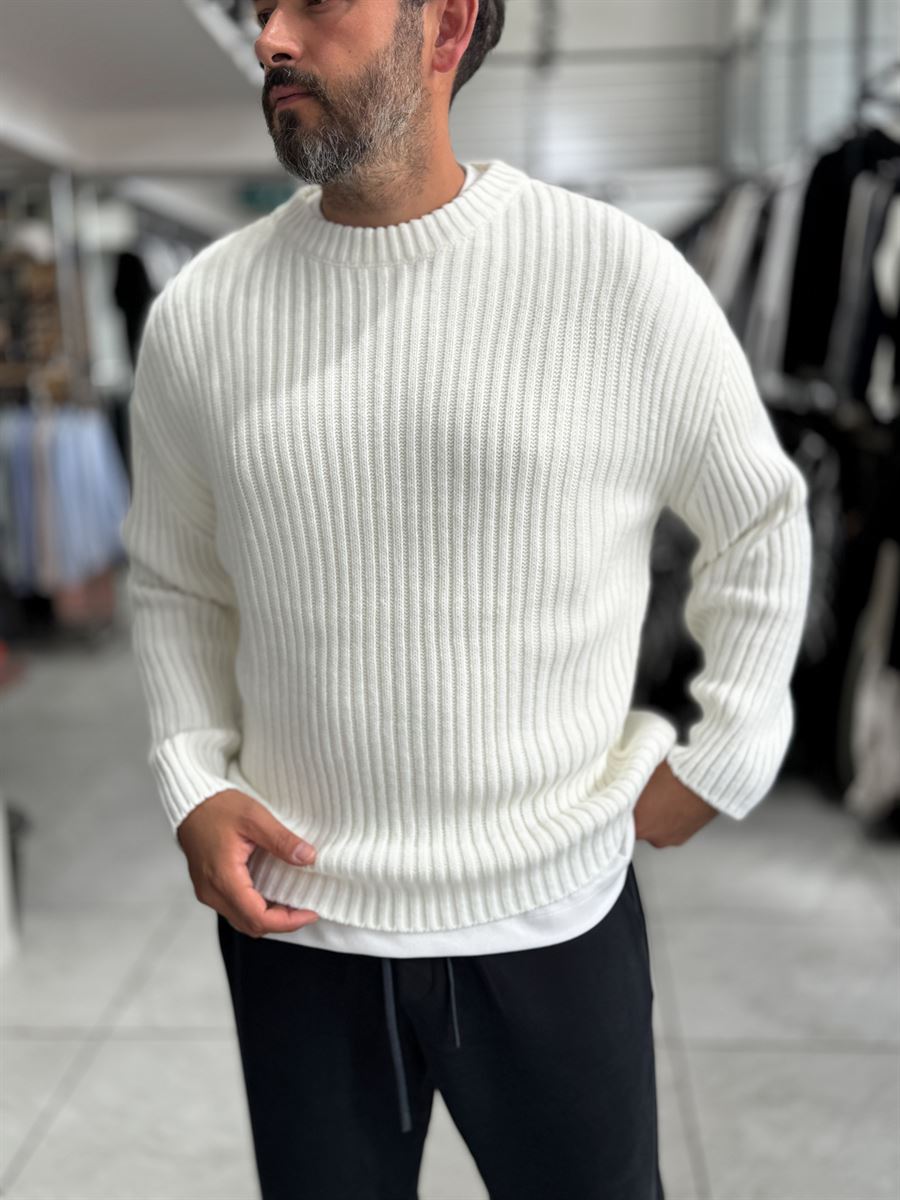 Ecru Ribbed Knit Sweatshirt MRK-1900
