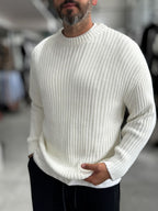 Ecru Ribbed Knit Sweatshirt MRK-1900