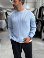 Light Blue Ribbed Knit Sweatshirt MRK-1900