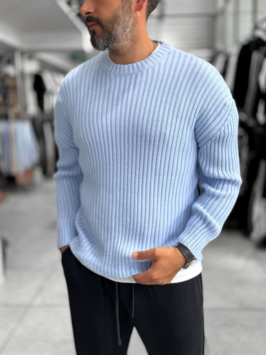 Light Blue Ribbed Knit Sweatshirt MRK-1900