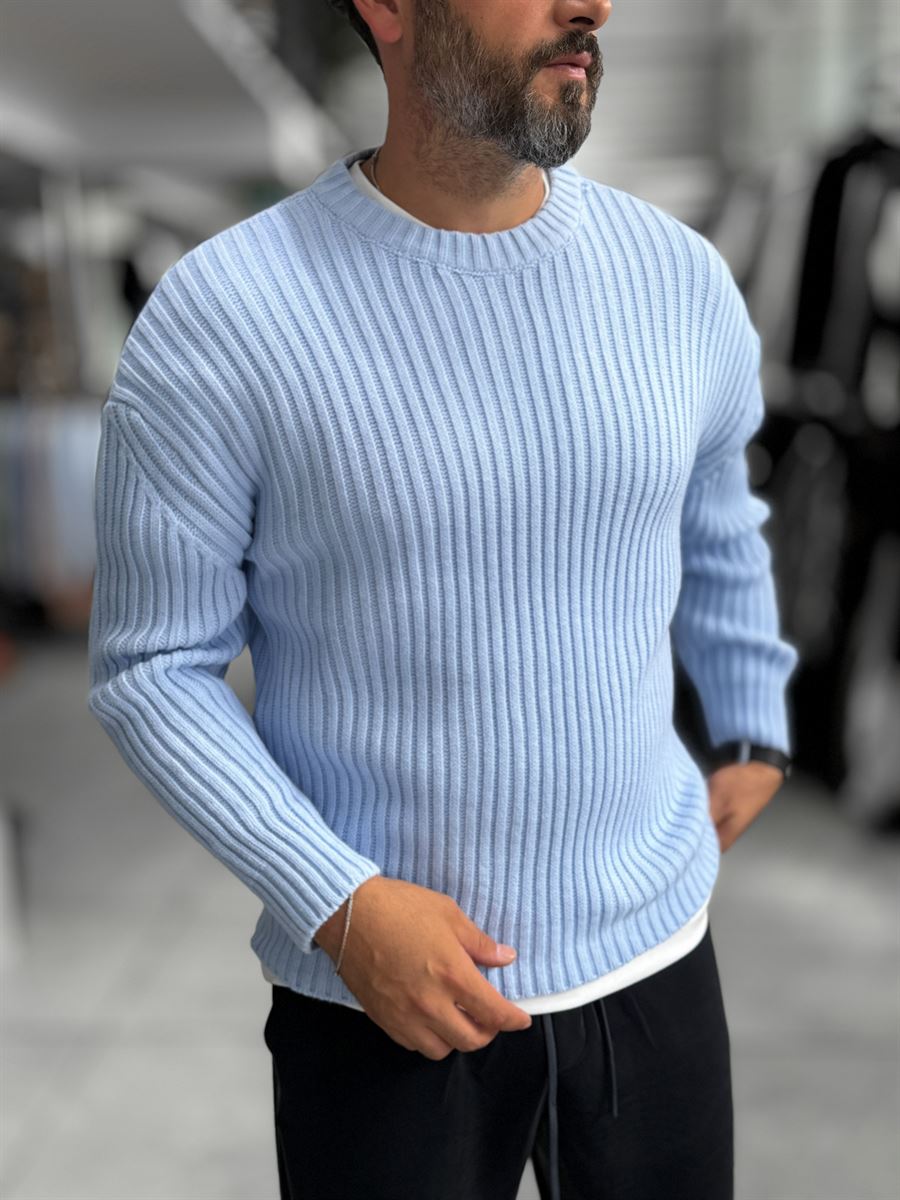 Light Blue Ribbed Knit Sweatshirt MRK-1900