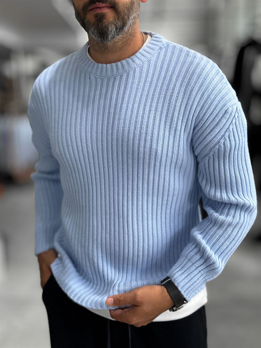 Light Blue Ribbed Knit Sweatshirt MRK-1900