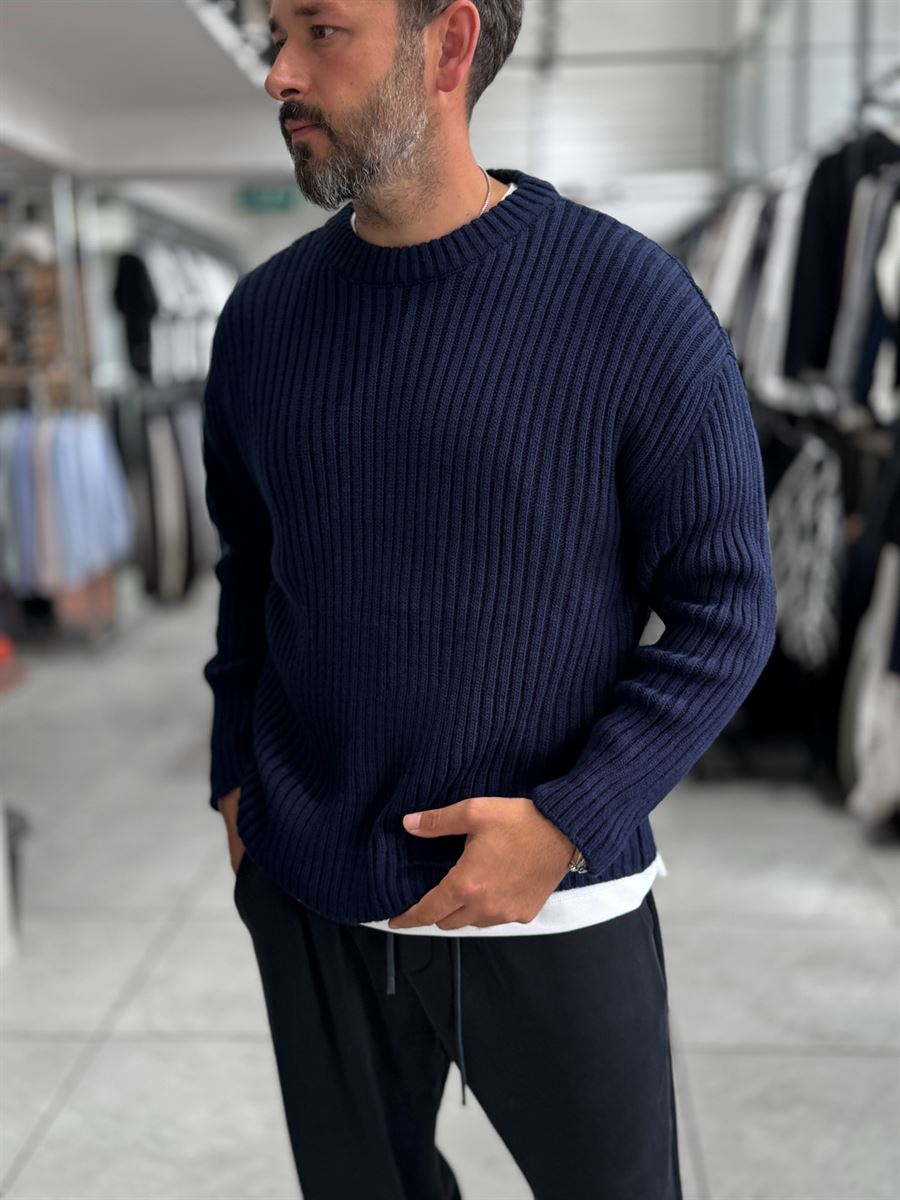 Navy Ribbed Knit Sweatshirt MRK-1900