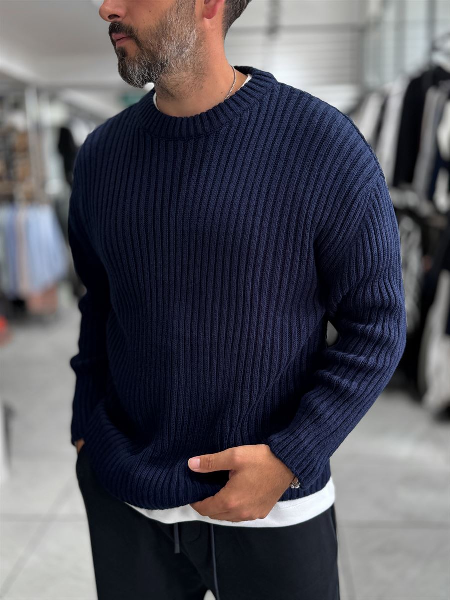 Navy Ribbed Knit Sweatshirt MRK-1900