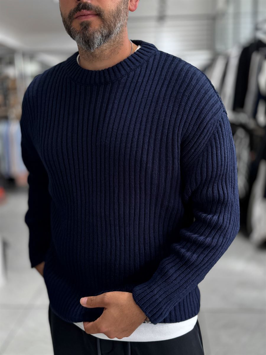 Navy Ribbed Knit Sweatshirt MRK-1900