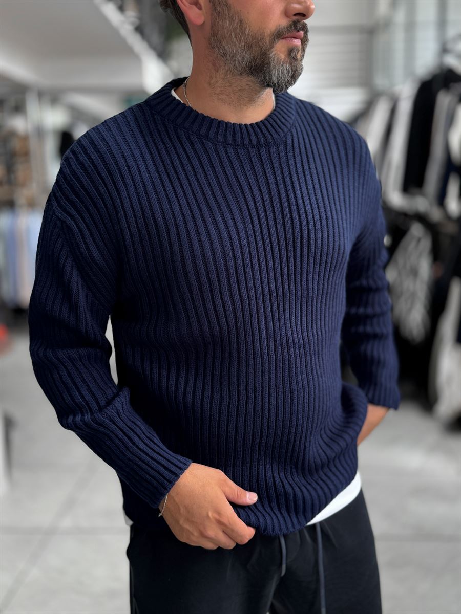 Navy Ribbed Knit Sweatshirt MRK-1900