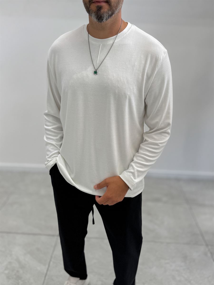 White Collar-Stitched Basic Sweatshirt MRK-2869