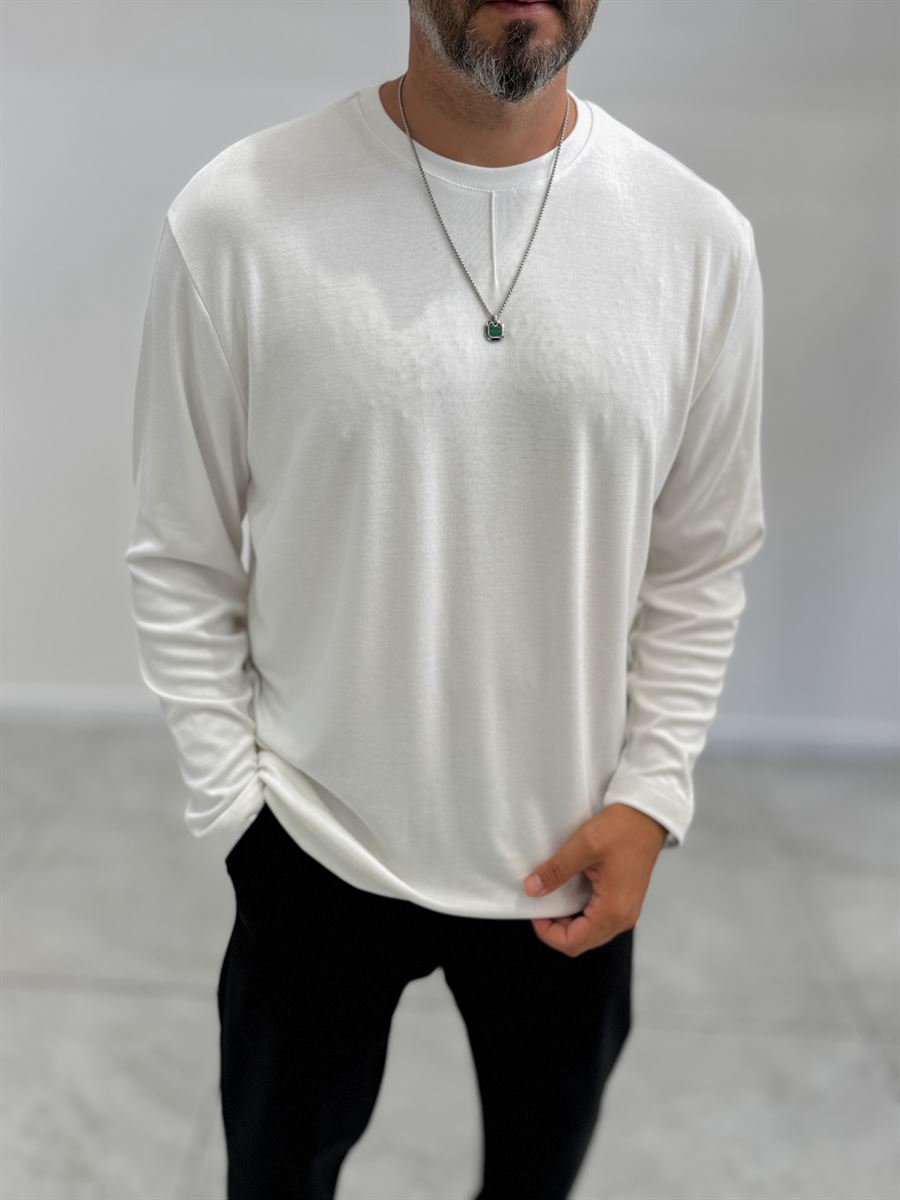 White Collar-Stitched Basic Sweatshirt MRK-2869