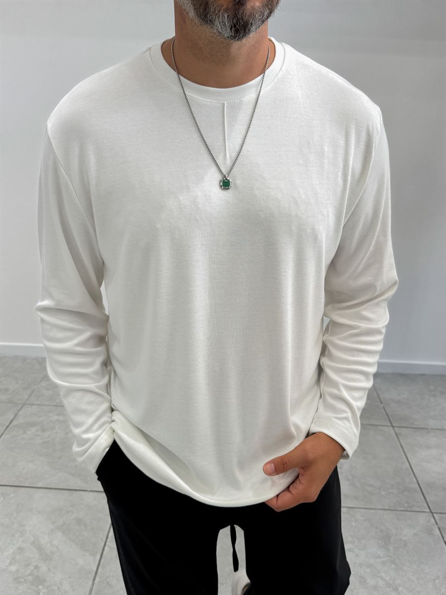 White Collar-Stitched Basic Sweatshirt MRK-2869