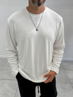 White Collar-Stitched Basic Sweatshirt MRK-2869