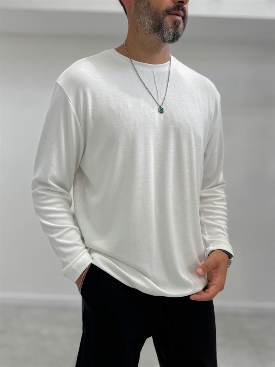 White Collar-Stitched Basic Sweatshirt MRK-2869