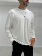 White Collar-Stitched Basic Sweatshirt MRK-2869