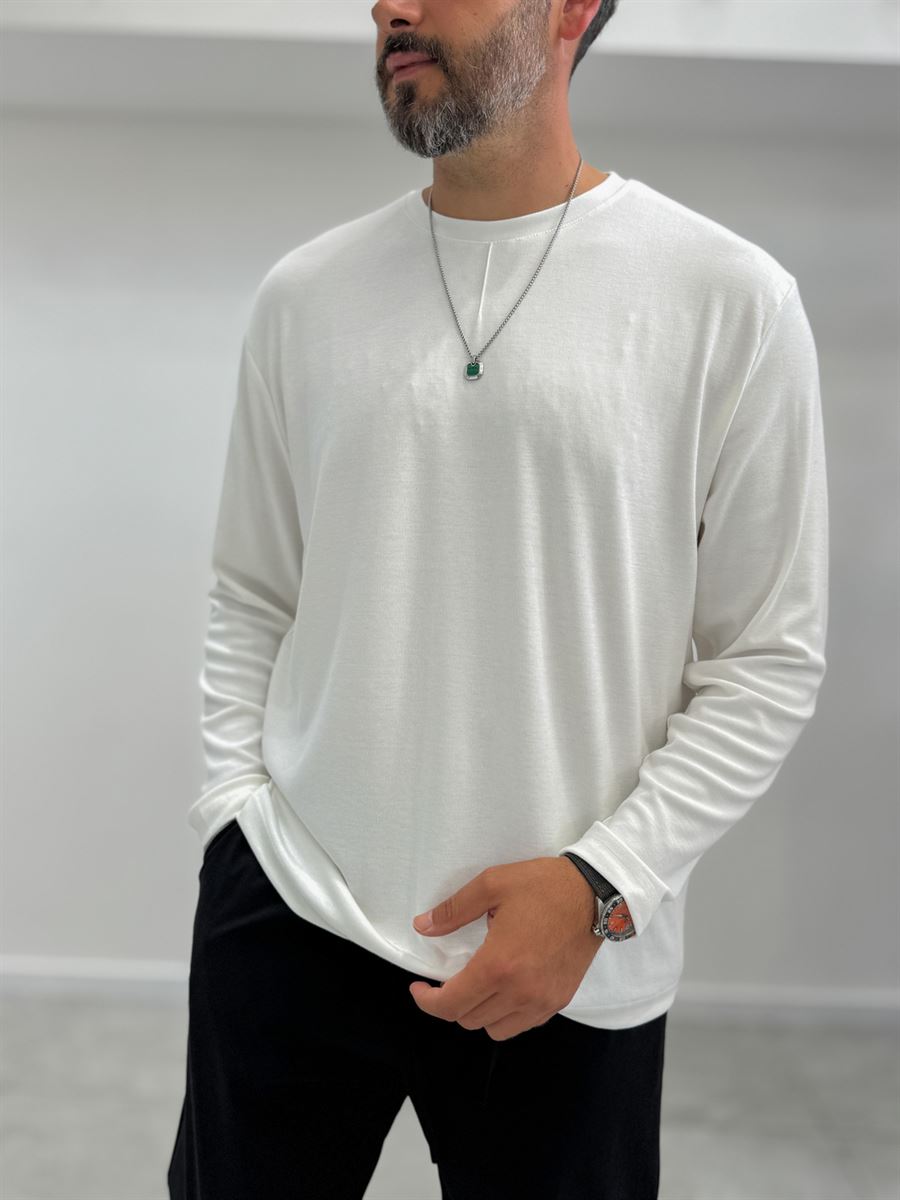 White Collar-Stitched Basic Sweatshirt MRK-2869