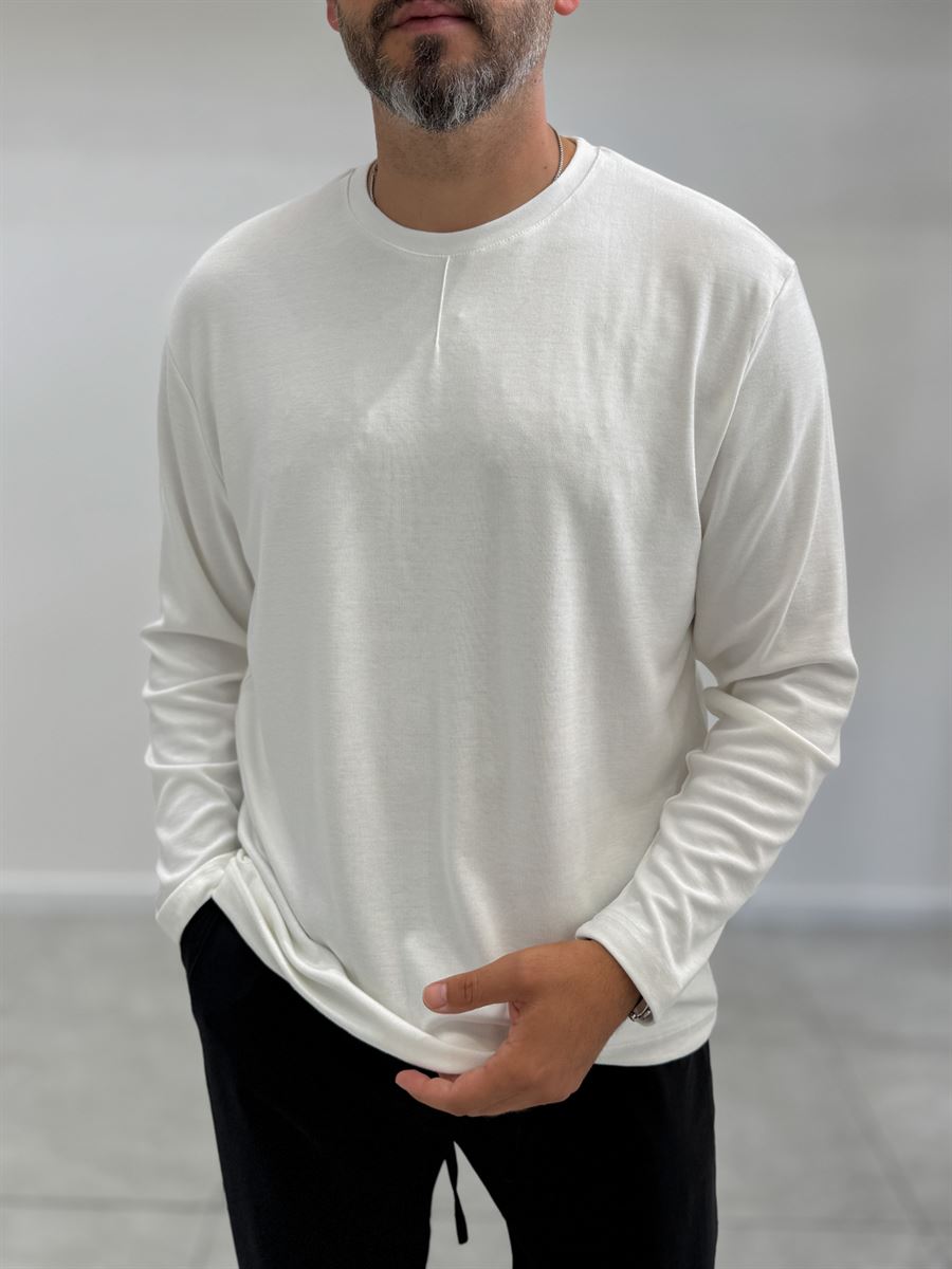 White Collar-Stitched Basic Sweatshirt MRK-2869
