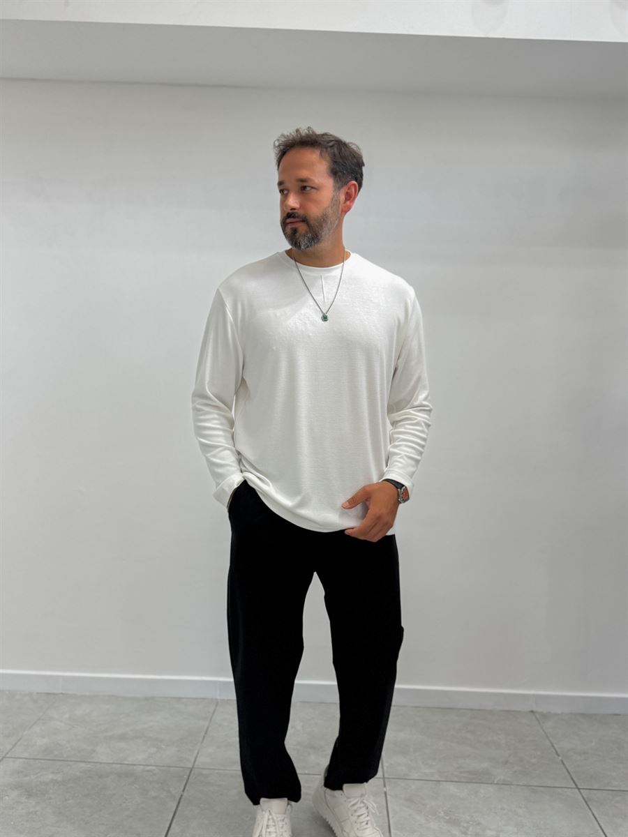 White Collar-Stitched Basic Sweatshirt MRK-2869