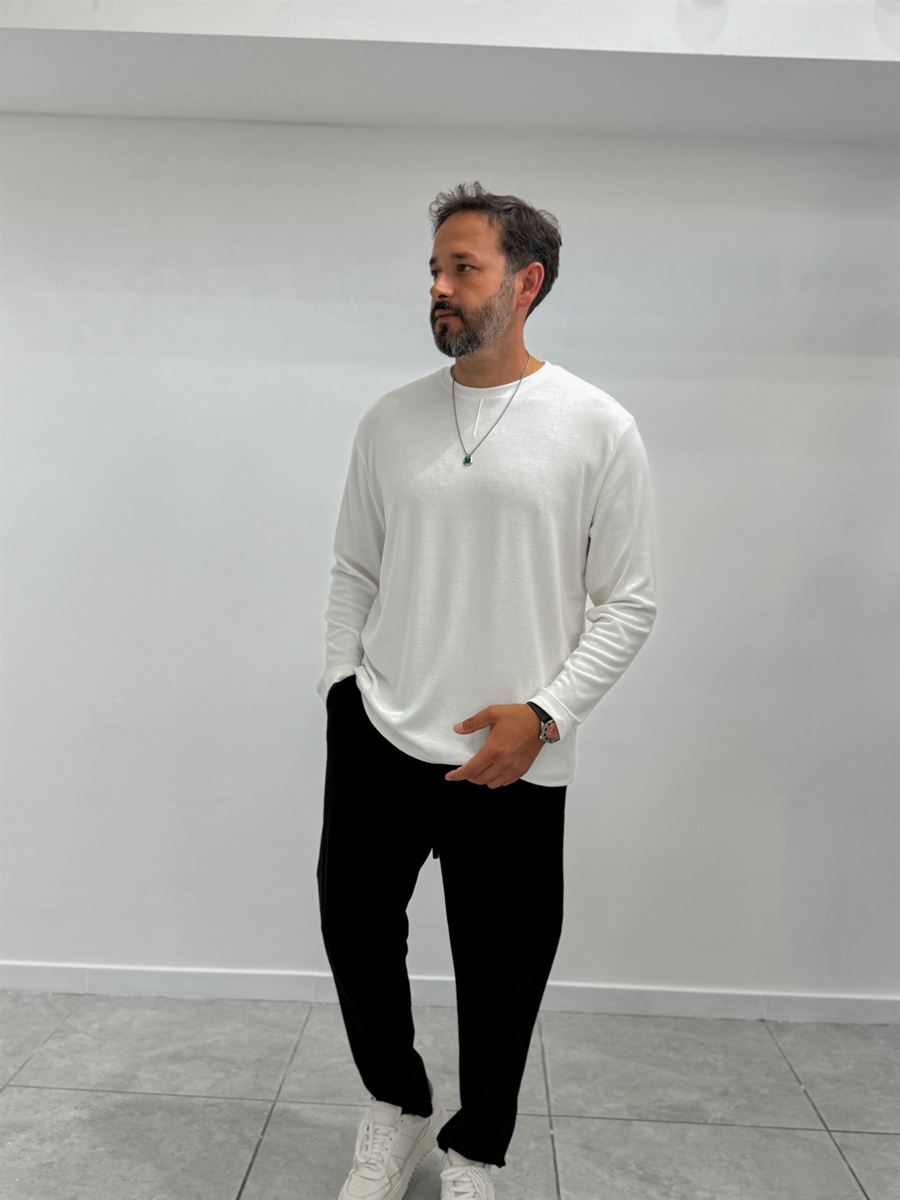 White Collar-Stitched Basic Sweatshirt MRK-2869