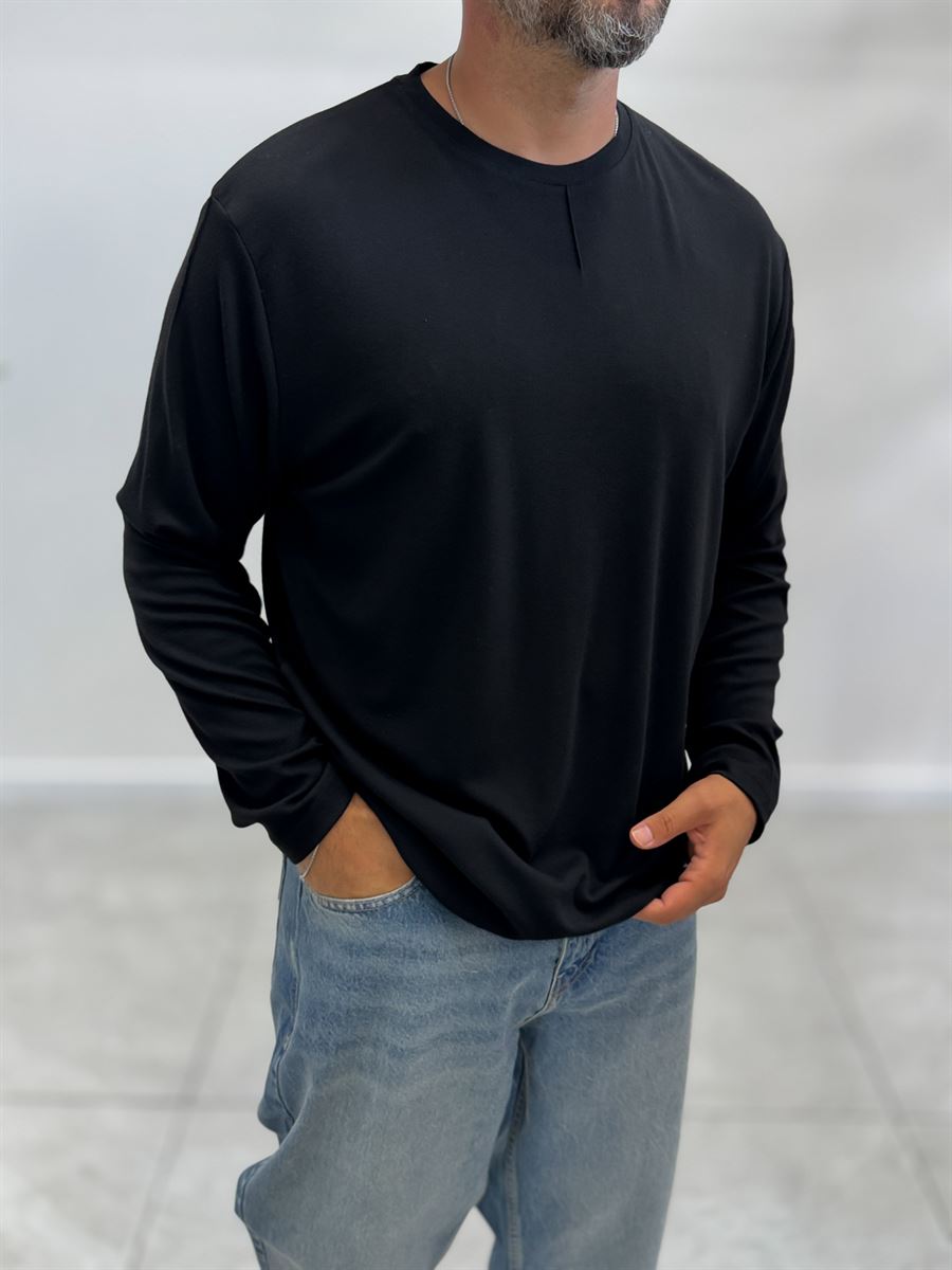 Black Collar-Stitched Basic Sweatshirt MRK-2869