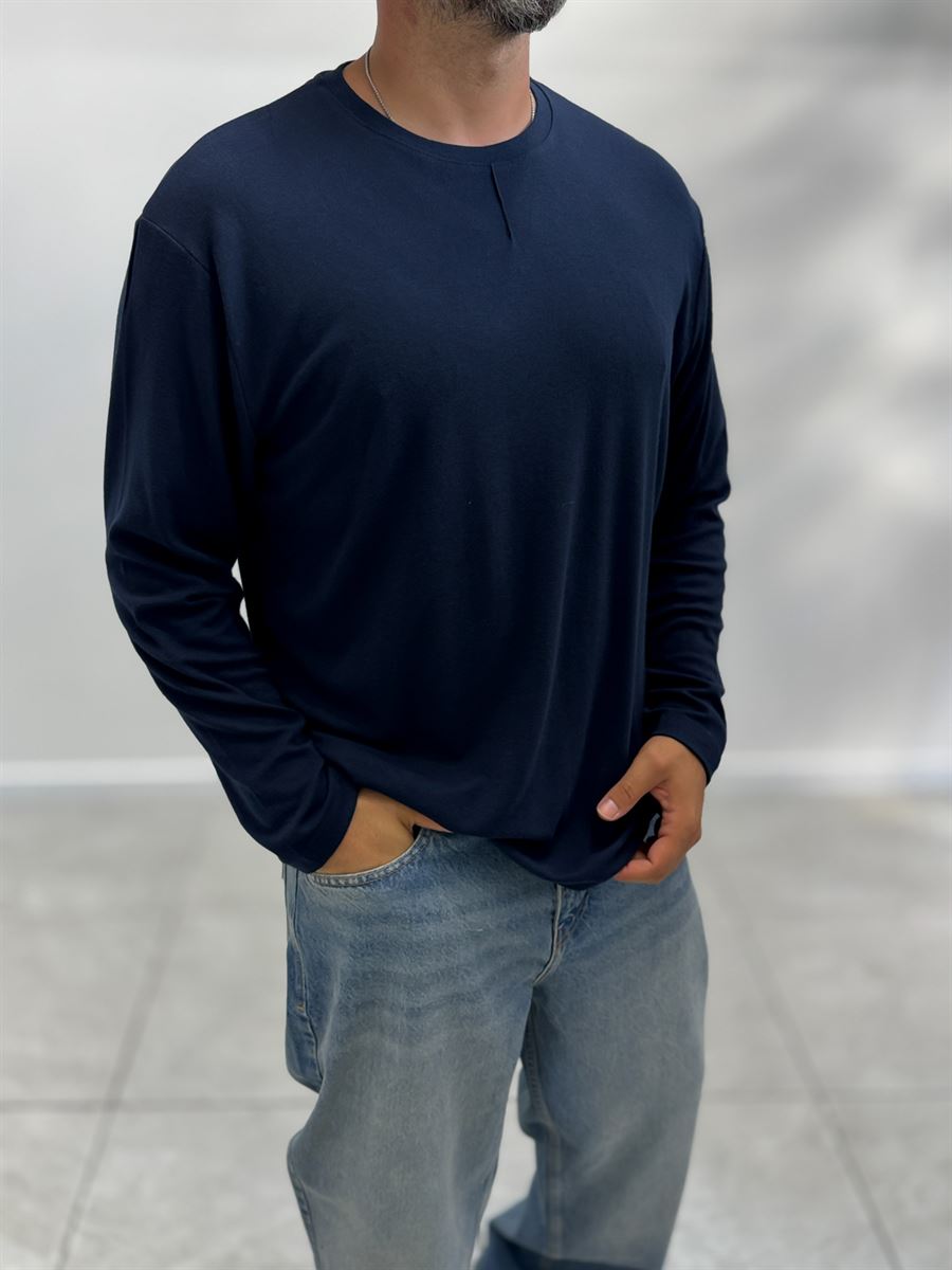 Navy Collar-Stitched Basic Sweatshirt MRK-2869