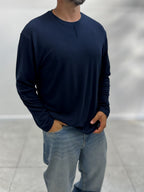 Navy Collar-Stitched Basic Sweatshirt MRK-2869