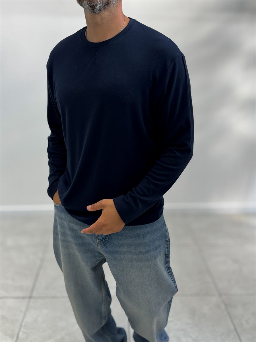 Navy Collar-Stitched Basic Sweatshirt MRK-2869