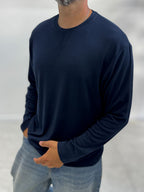 Navy Collar-Stitched Basic Sweatshirt MRK-2869
