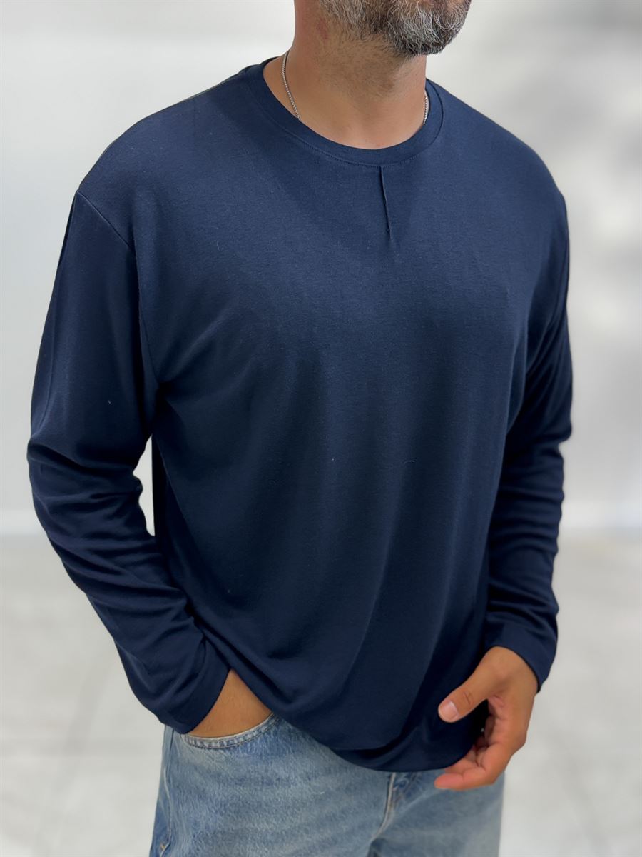 Navy Collar-Stitched Basic Sweatshirt MRK-2869