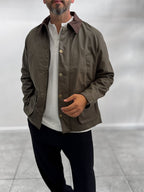 Khaki Zip-Up Leather Jacket with Pockets MRK-2341