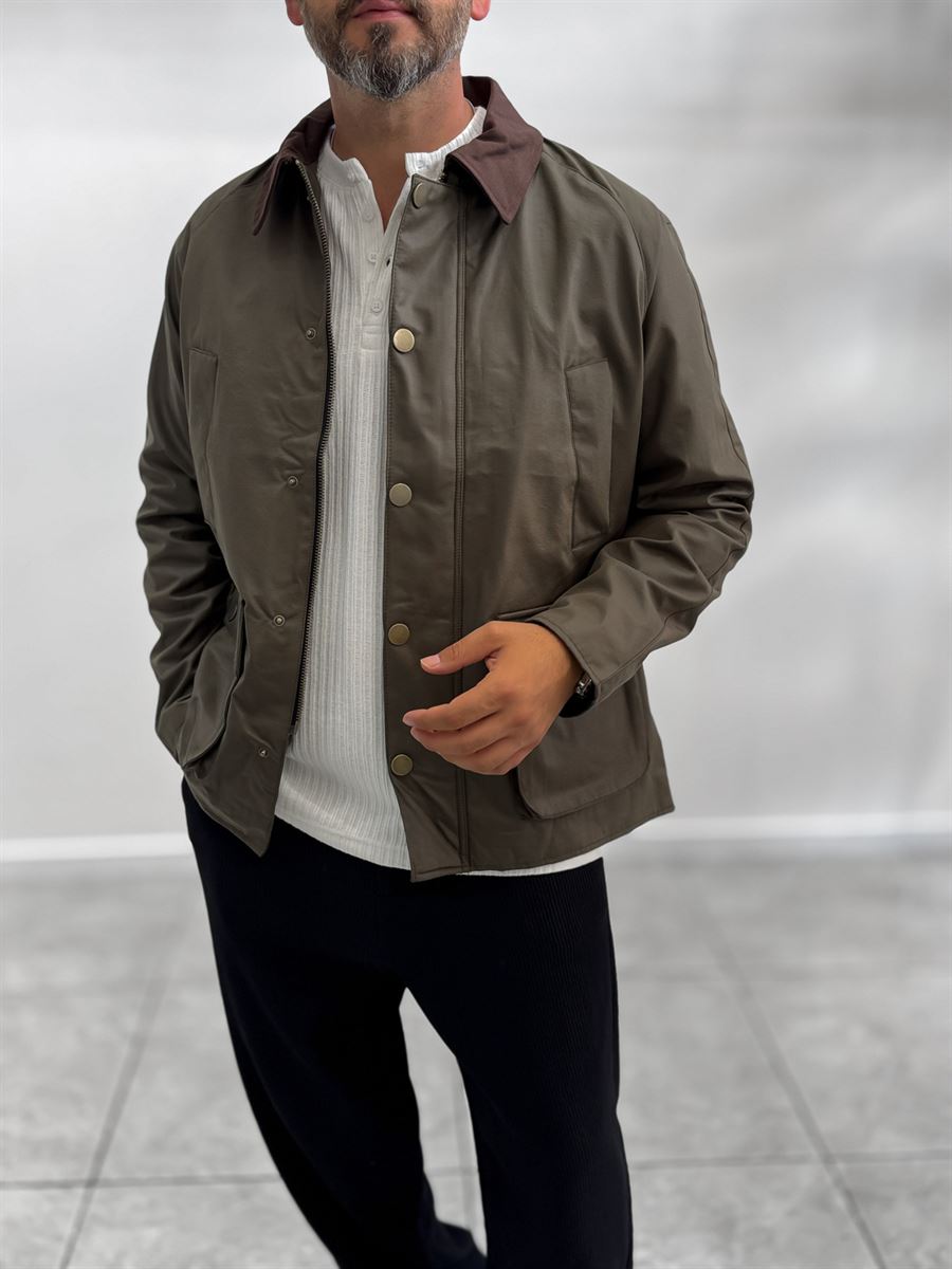 Khaki Zip-Up Leather Jacket with Pockets MRK-2341
