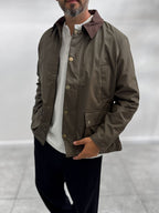 Khaki Zip-Up Leather Jacket with Pockets MRK-2341