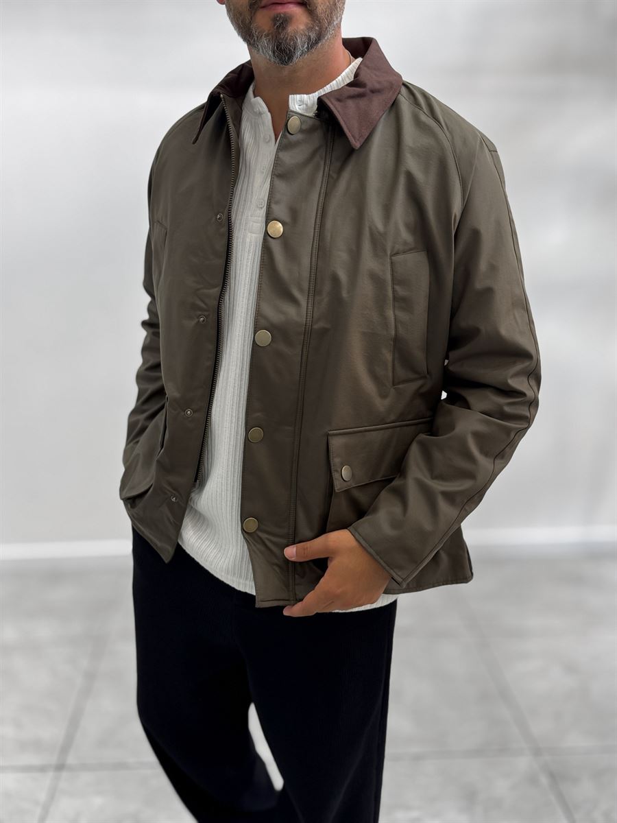 Khaki Zip-Up Leather Jacket with Pockets MRK-2341