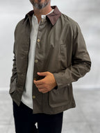 Khaki Zip-Up Leather Jacket with Pockets MRK-2341