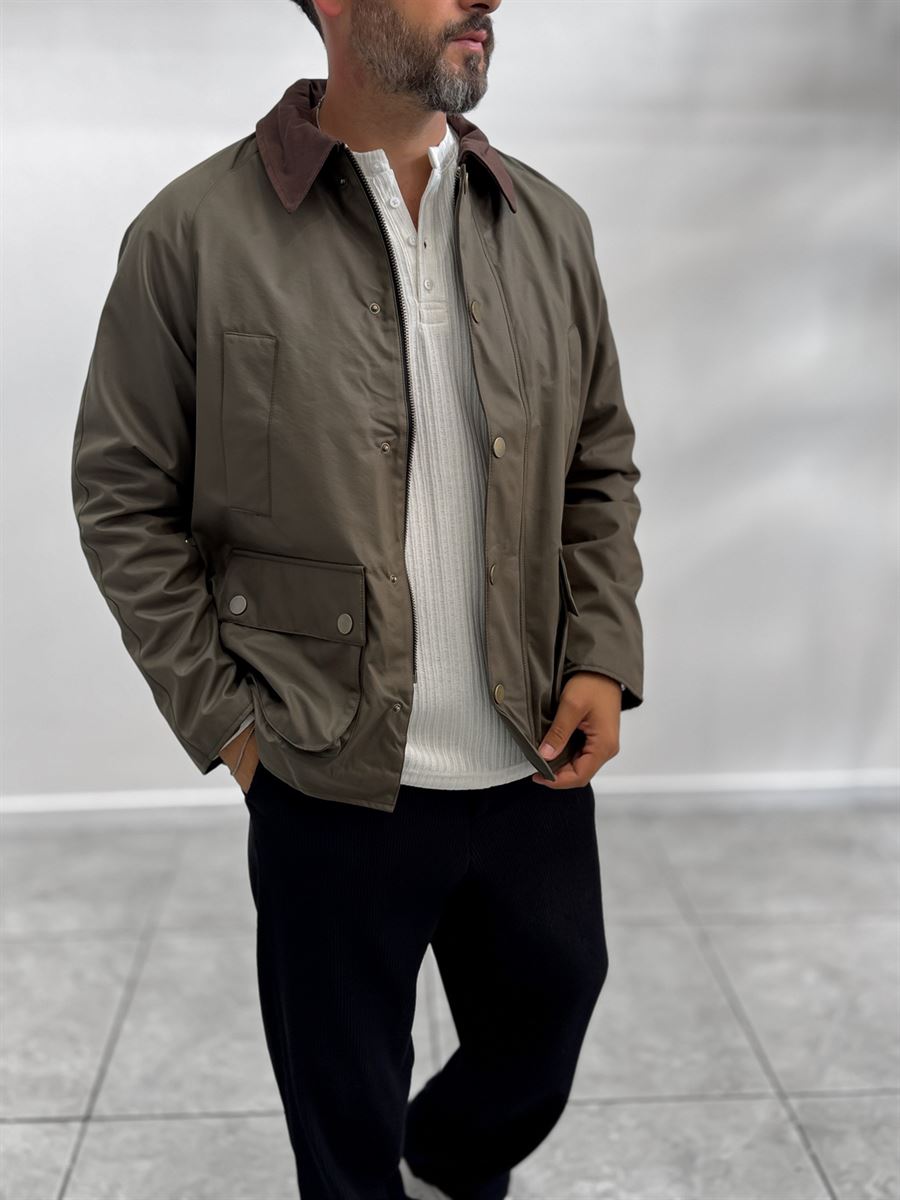 Khaki Zip-Up Leather Jacket with Pockets MRK-2341