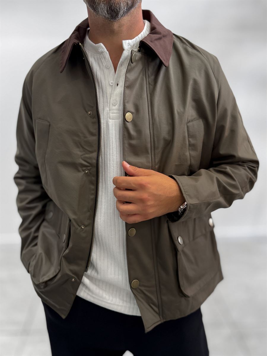 Khaki Zip-Up Leather Jacket with Pockets MRK-2341