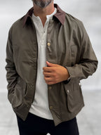 Khaki Zip-Up Leather Jacket with Pockets MRK-2341