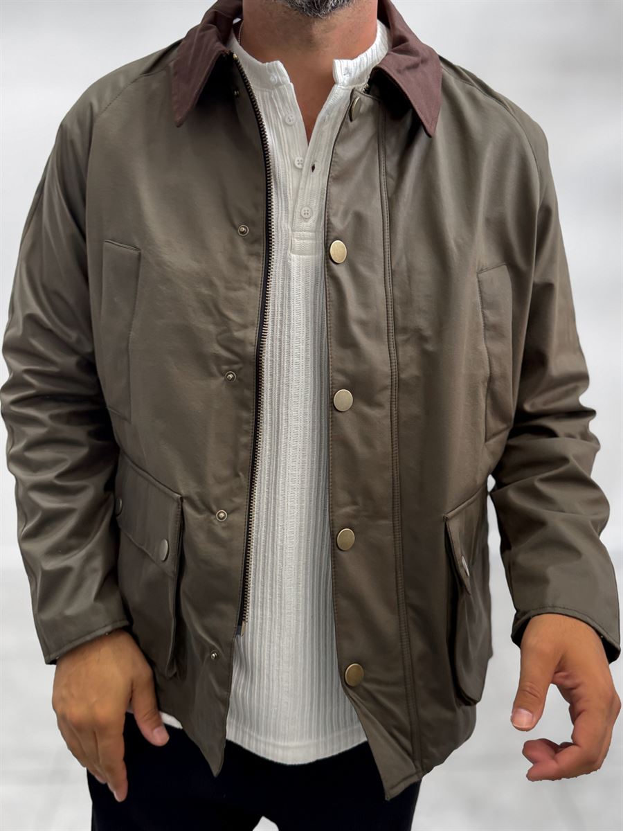 Khaki Zip-Up Leather Jacket with Pockets MRK-2341