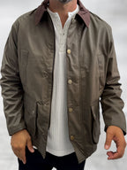 Khaki Zip-Up Leather Jacket with Pockets MRK-2341