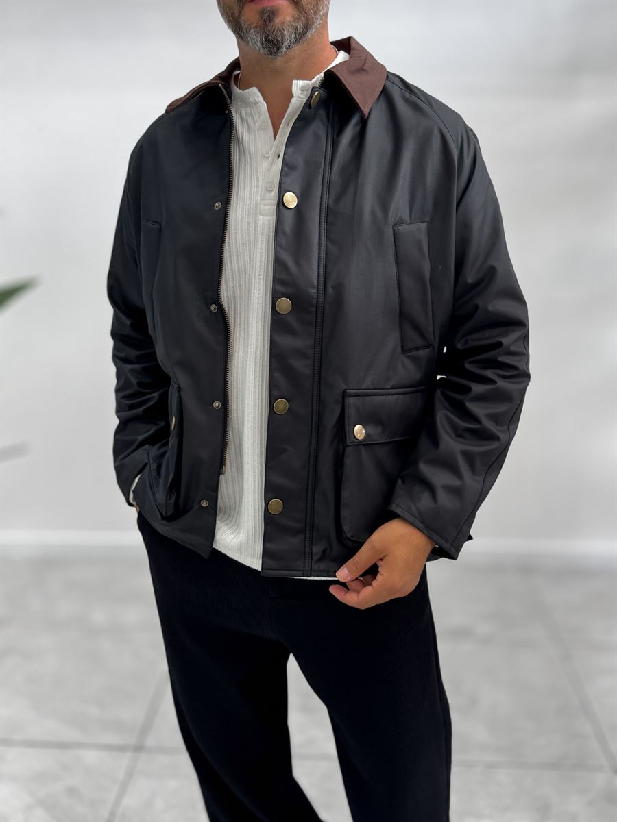 Black Zip-Up Leather Jacket with Pockets MRK-2341