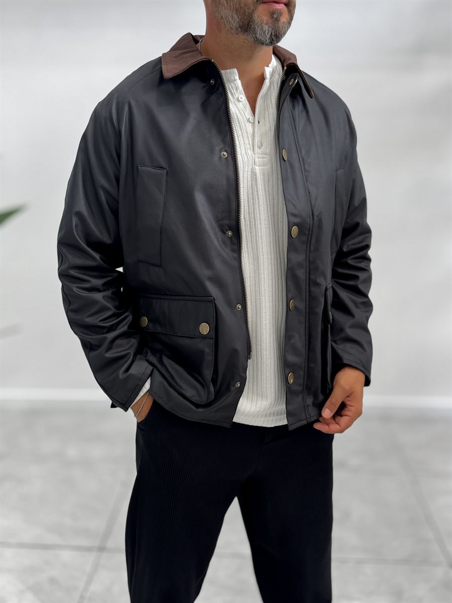 Black Zip-Up Leather Jacket with Pockets MRK-2341
