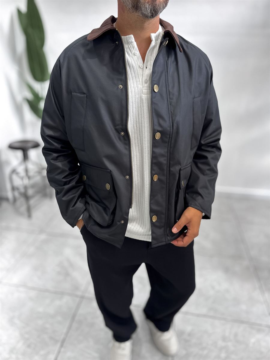 Black Zip-Up Leather Jacket with Pockets MRK-2341