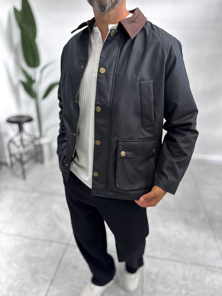 Black Zip-Up Leather Jacket with Pockets MRK-2341